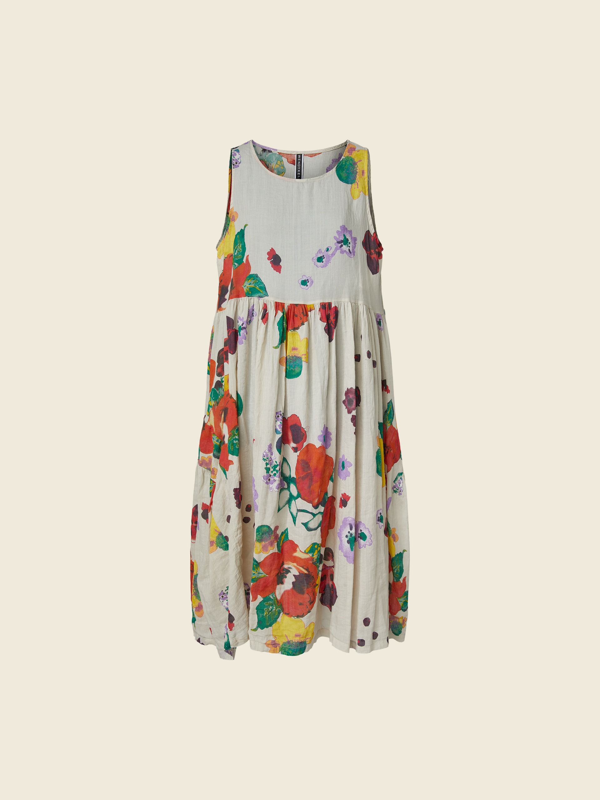 花朵苎麻面料无袖连衣裙