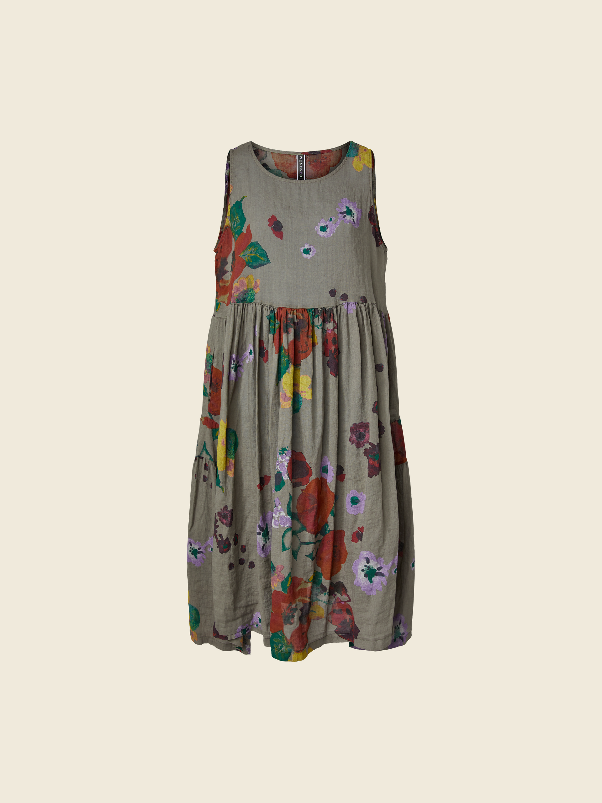 花朵苎麻面料无袖连衣裙