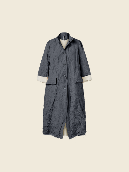 OVERCOAT IN WRINKLED EFFECT FABRIC WITH KOREAN COLLAR