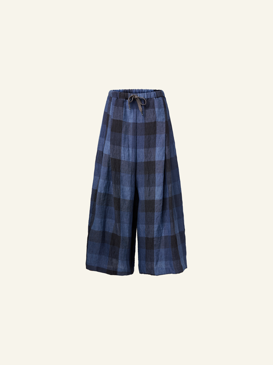 BLUE CHECKED LINEN WIDE PANTS