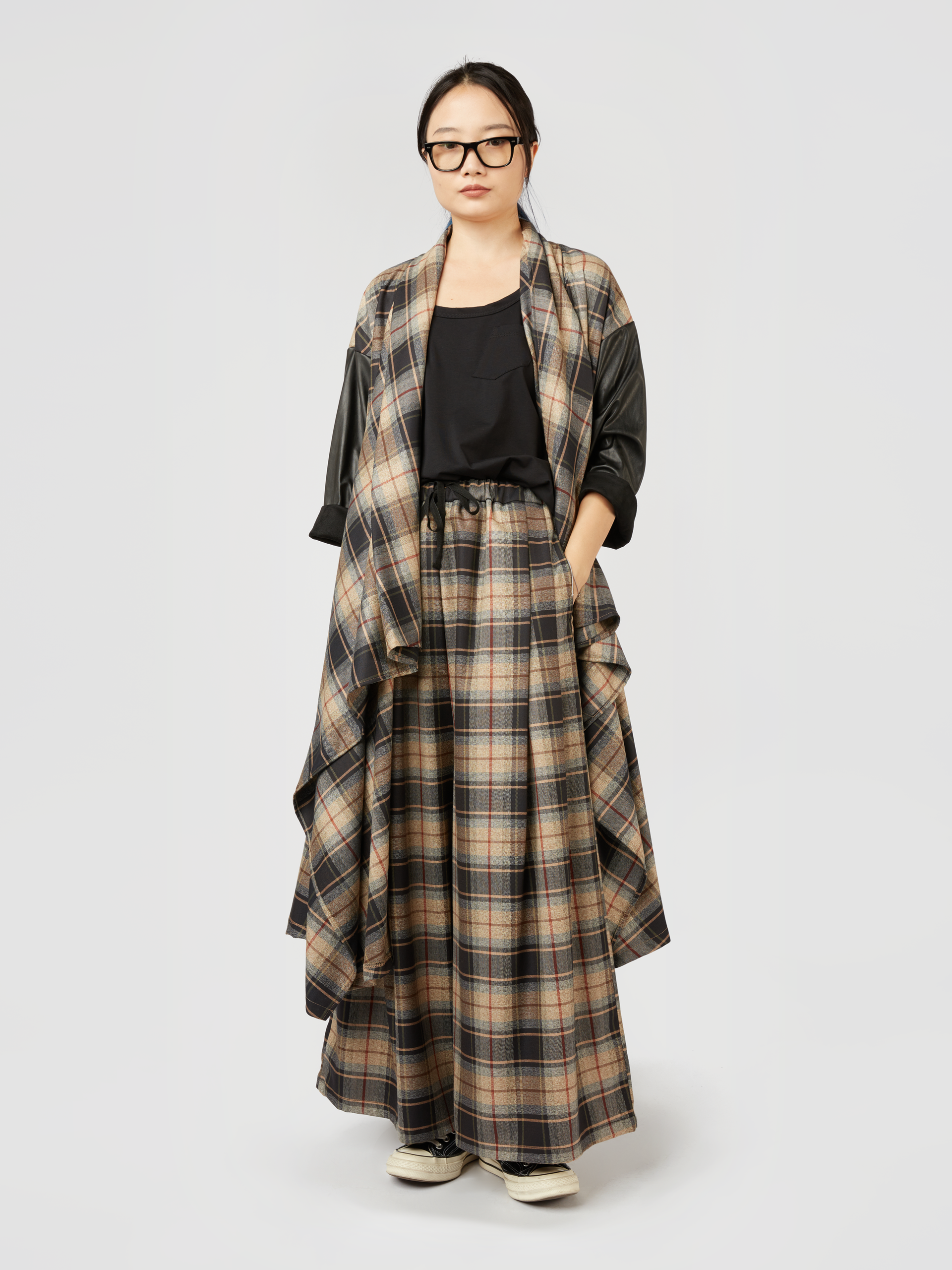 TARTAN CARDIGAN WITH ECO-LEATHER SLEEVES
