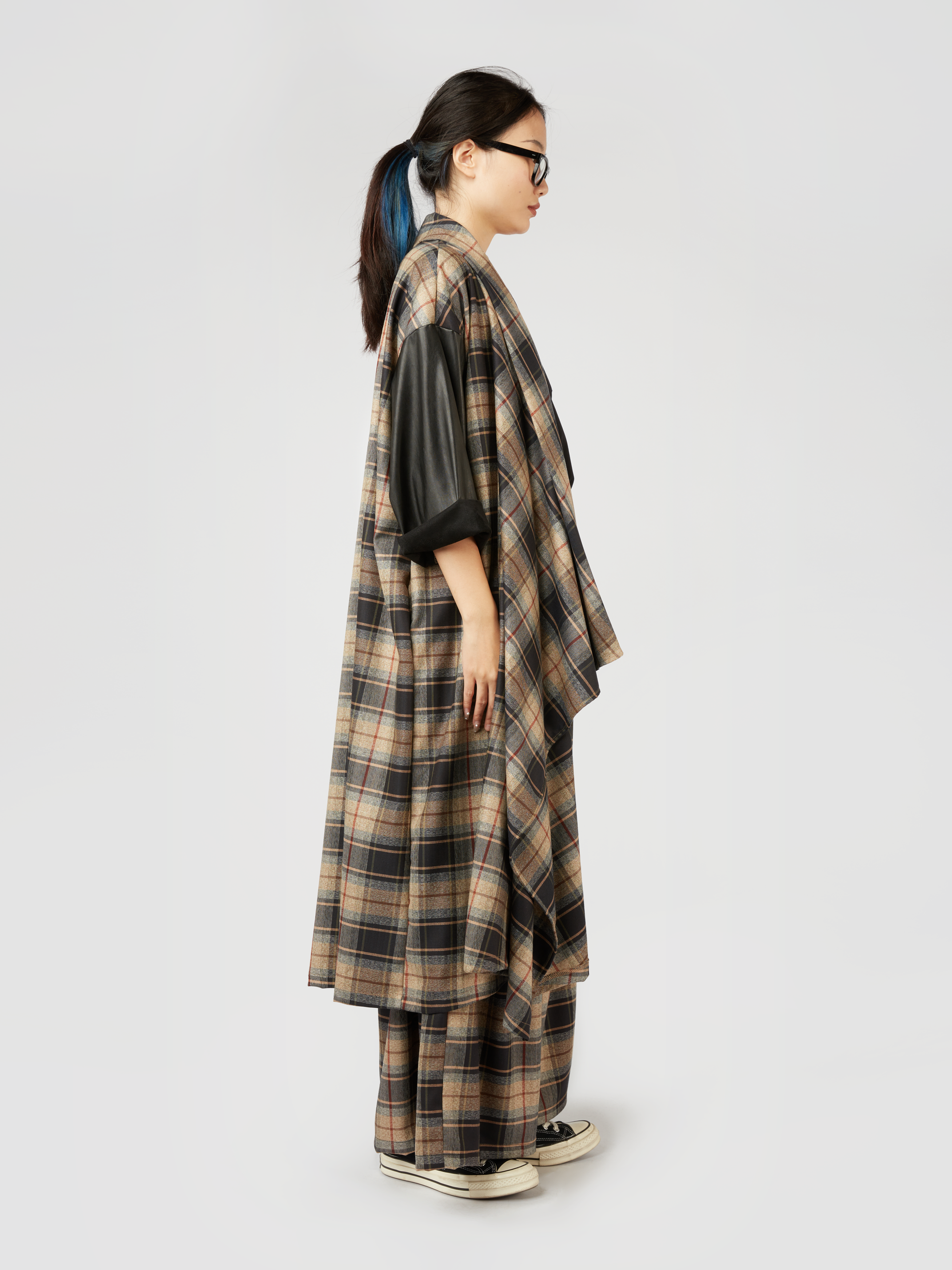 TARTAN CARDIGAN WITH ECO-LEATHER SLEEVES