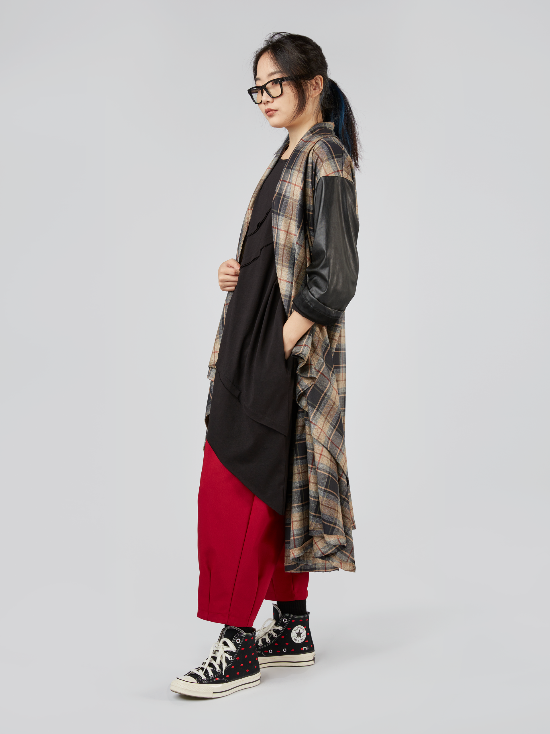 TARTAN CARDIGAN WITH ECO-LEATHER SLEEVES