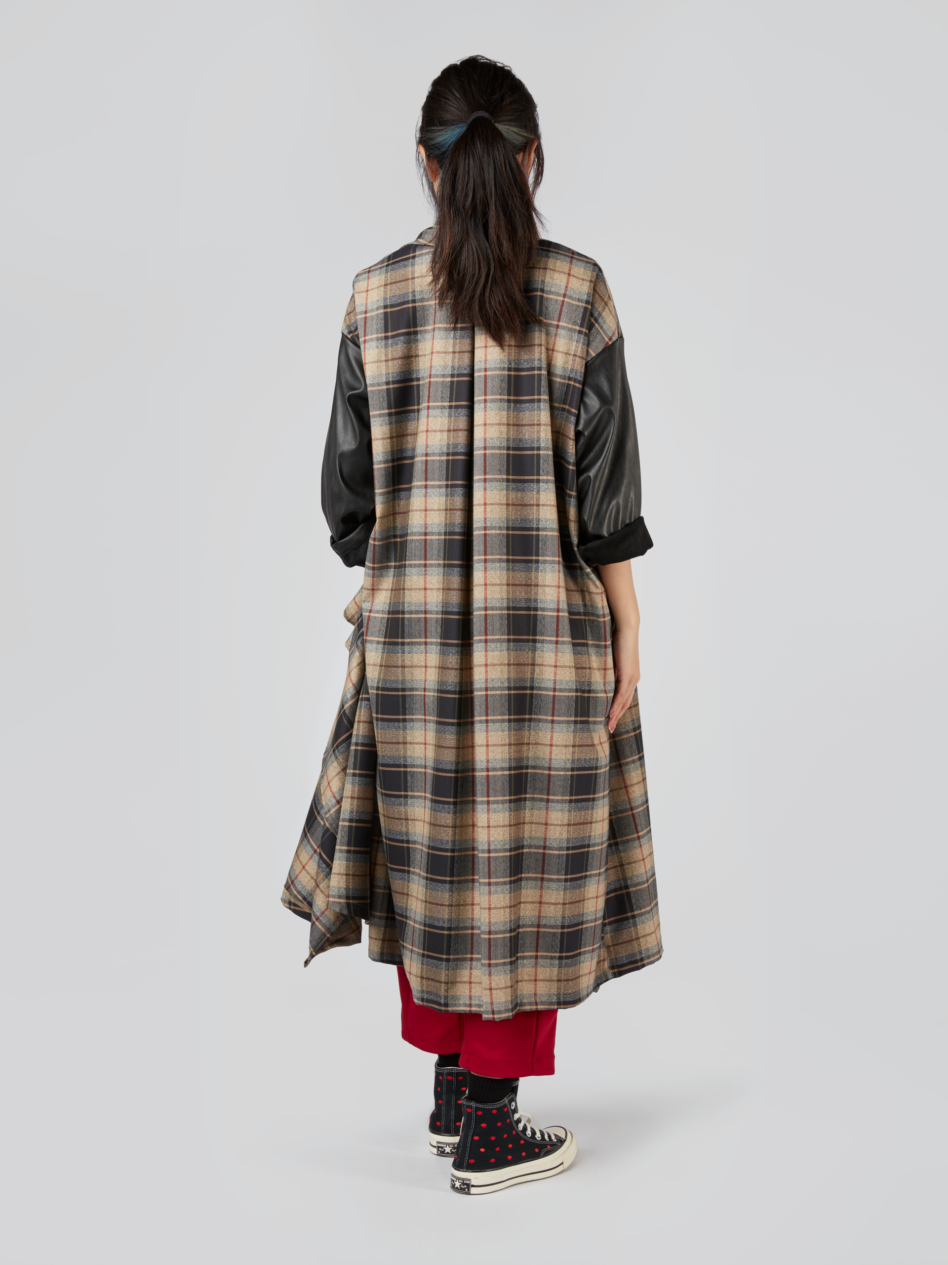 TARTAN CARDIGAN WITH ECO-LEATHER SLEEVES