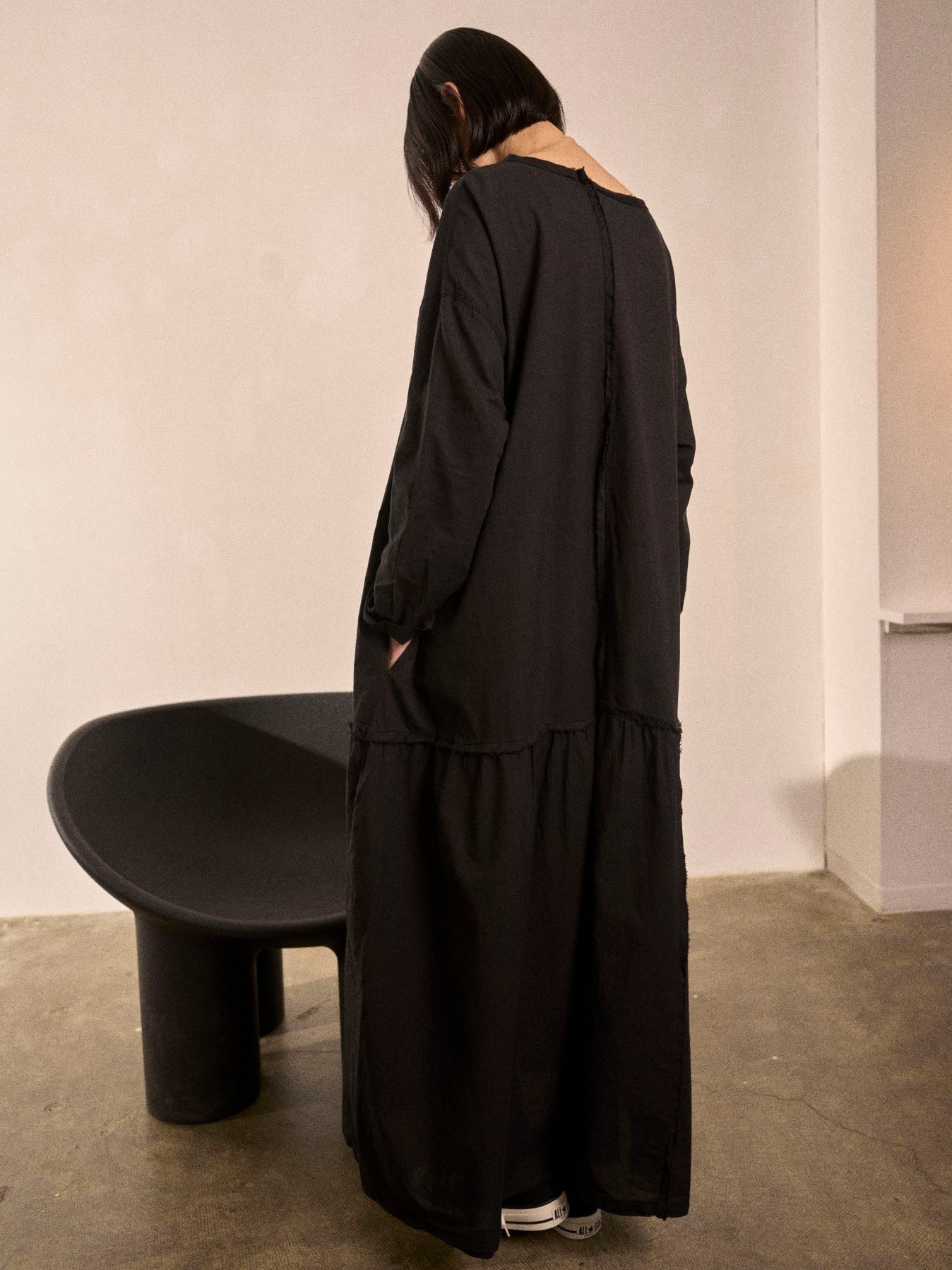 LONG POPLIN DRESS WITH RAW CUT SEAMS