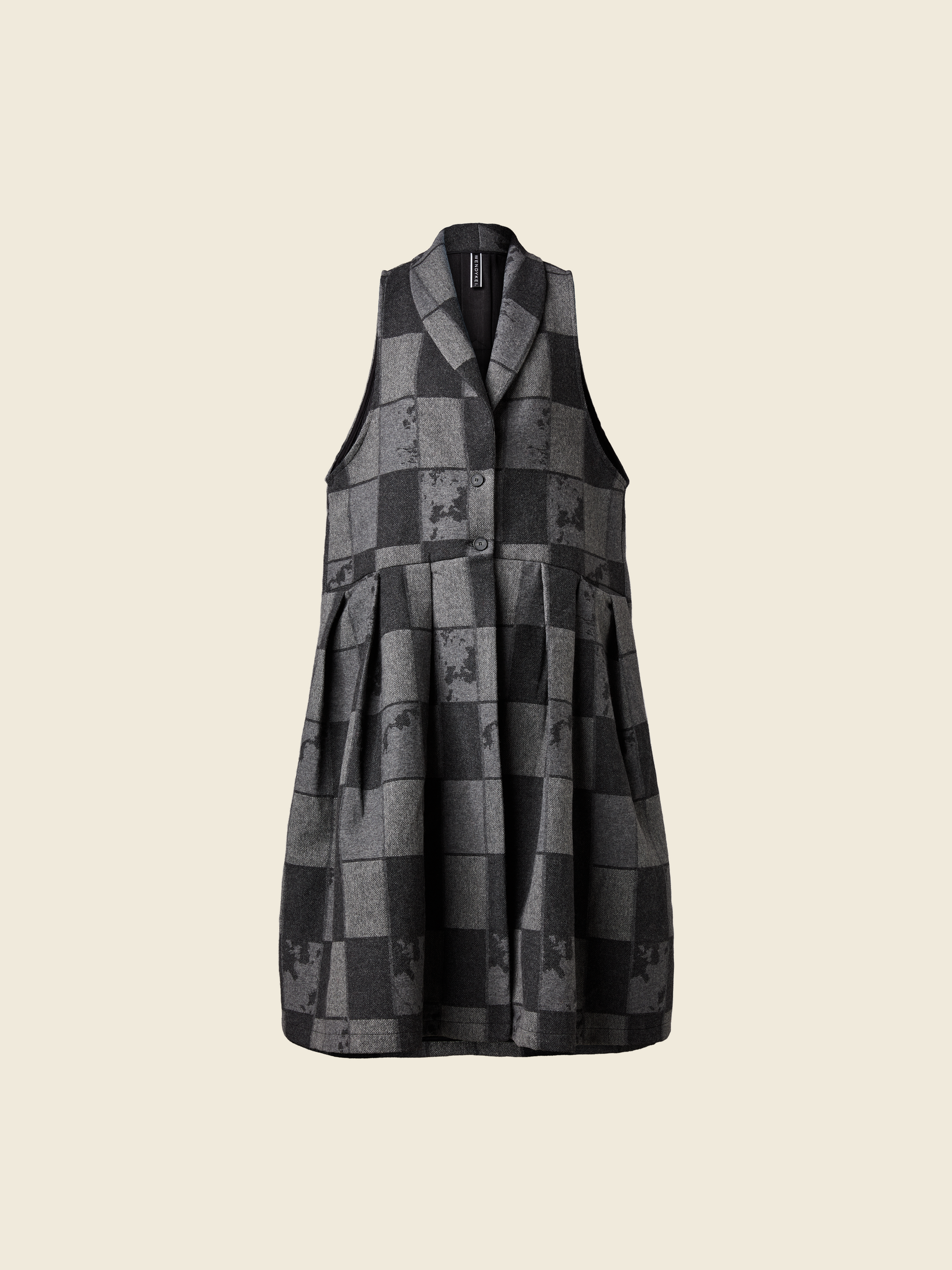 GREY CHECKED WOOL BLEND SLEEVELESS OVERCOAT