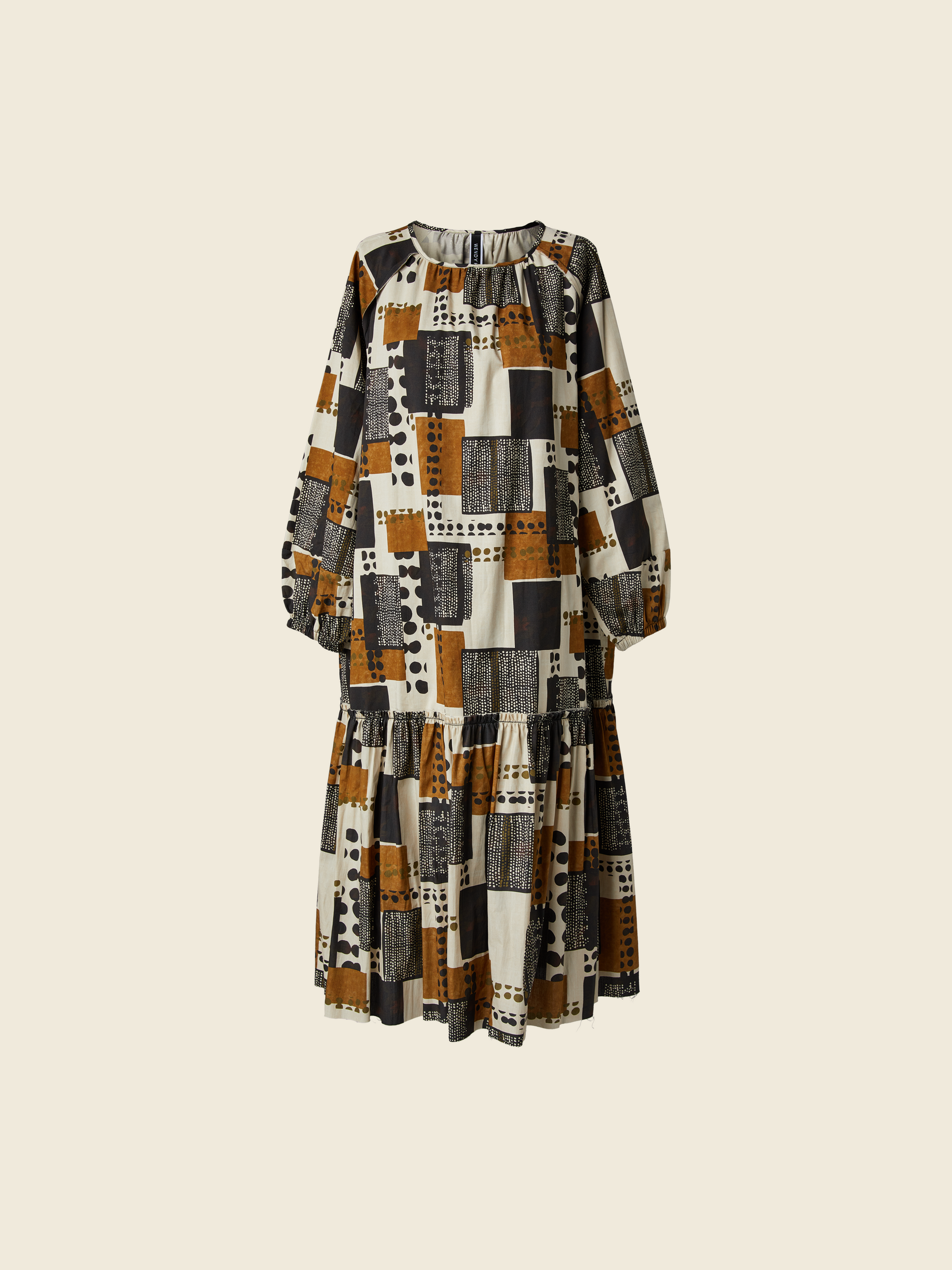 PUFF SLEEVES DRESS IN GEOMETRIC PATTERN FABRIC