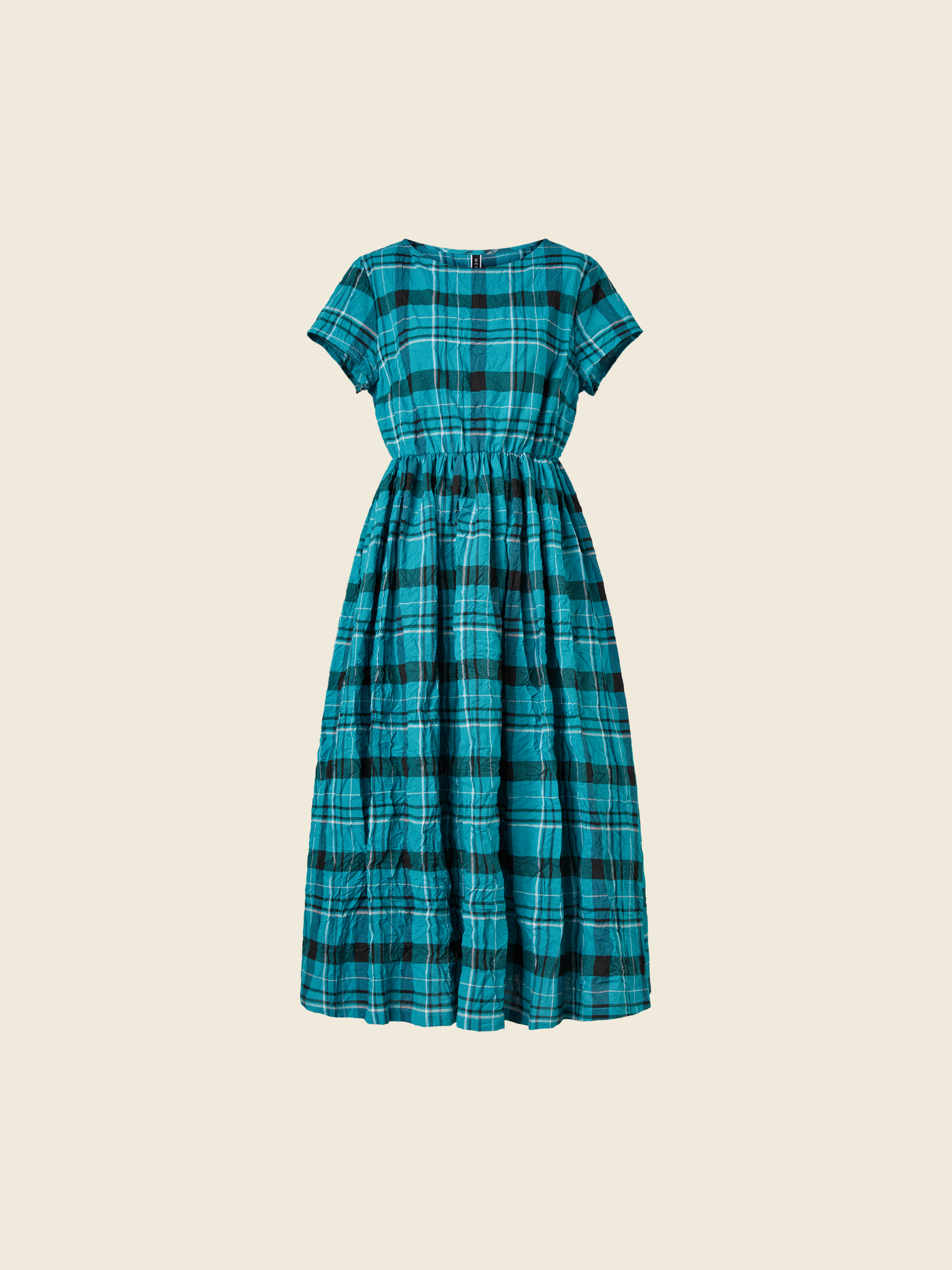 AQUA GREEN CHECKED DRESS WITH ELASTIC WAIST