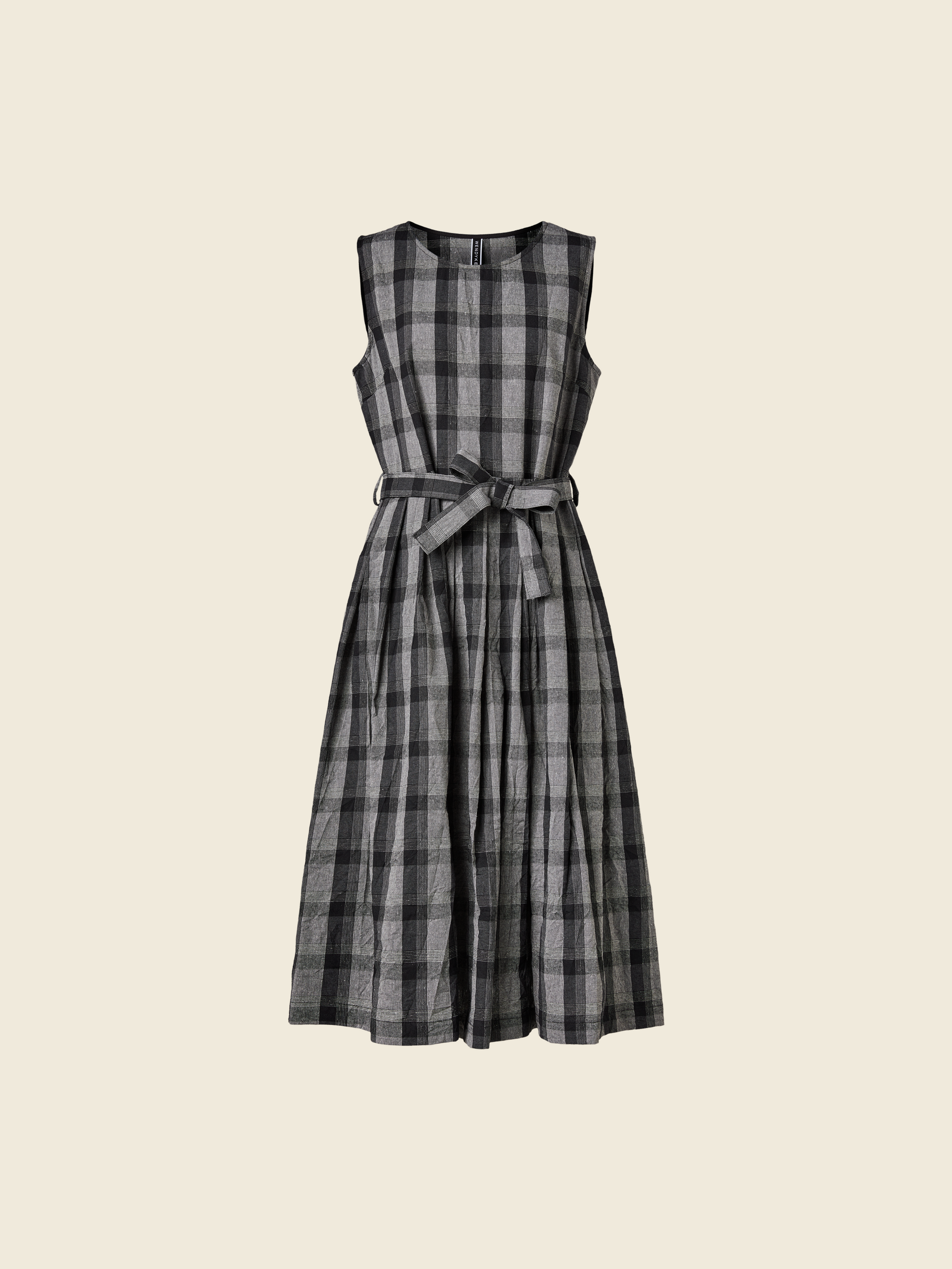 SLEEVELESS DRESS IN GRAY TARTAN FABRIC WITH BELT