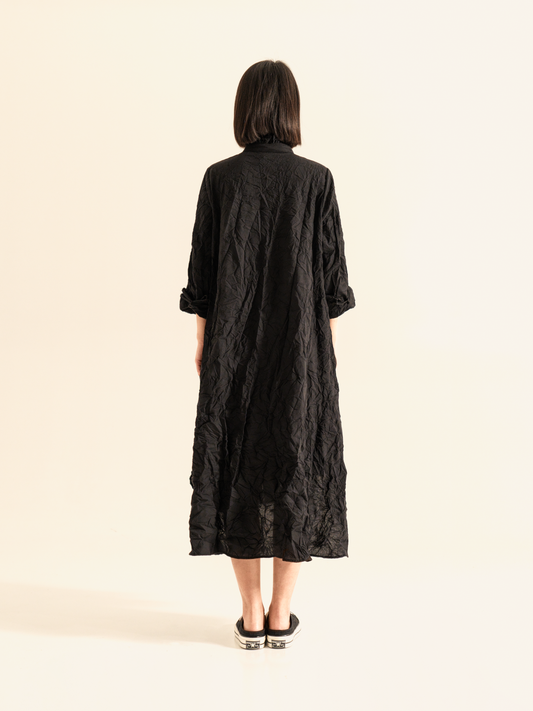 CHEMISIER DRESS WITH RUFFLES KOREAN COLLAR IN WRINKLED EFFECT FABRIC
