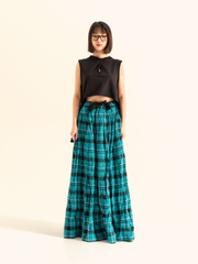 AQUA GREEN CHECKED LONG SKIRT