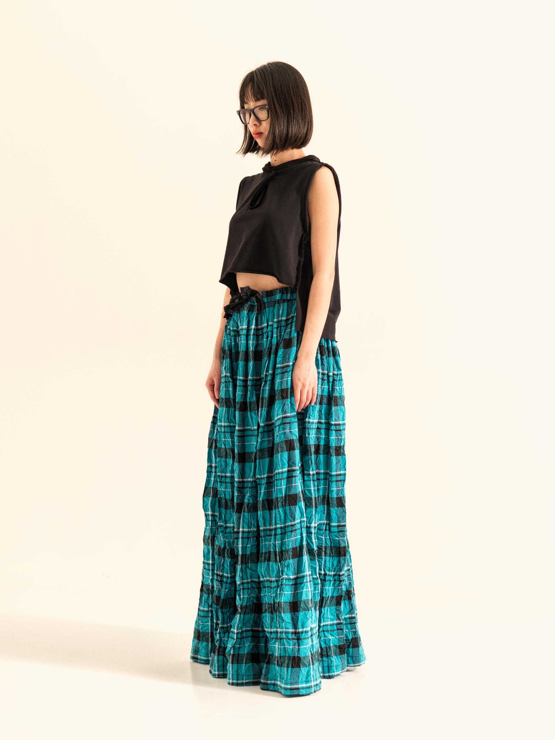 AQUA GREEN CHECKED LONG SKIRT