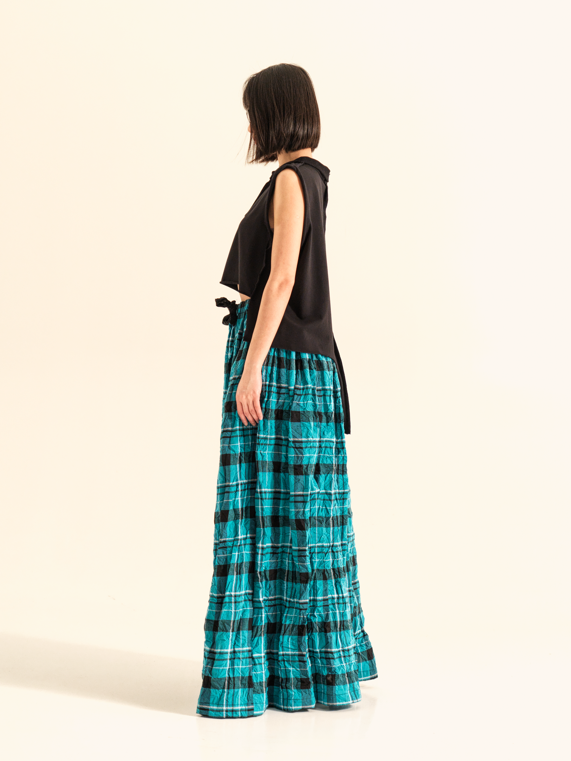 AQUA GREEN CHECKED LONG SKIRT