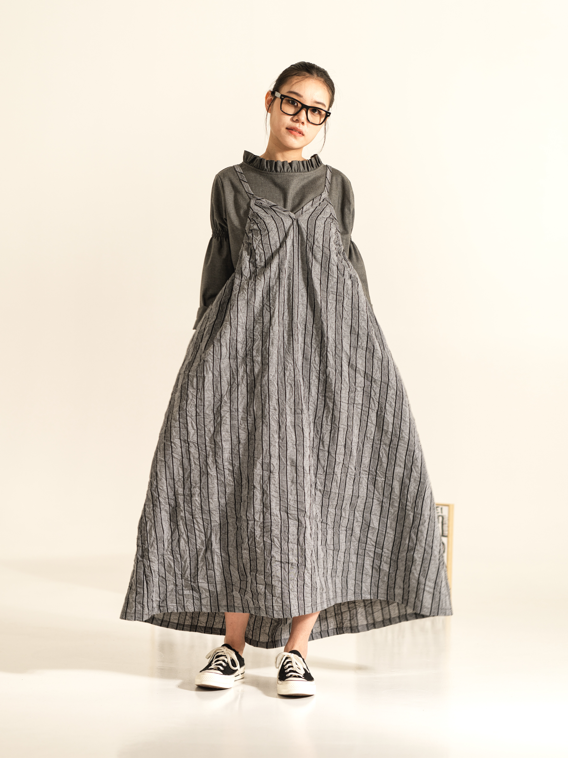 LONG STRIPED DRESS WITH WRINKLED EFFECT