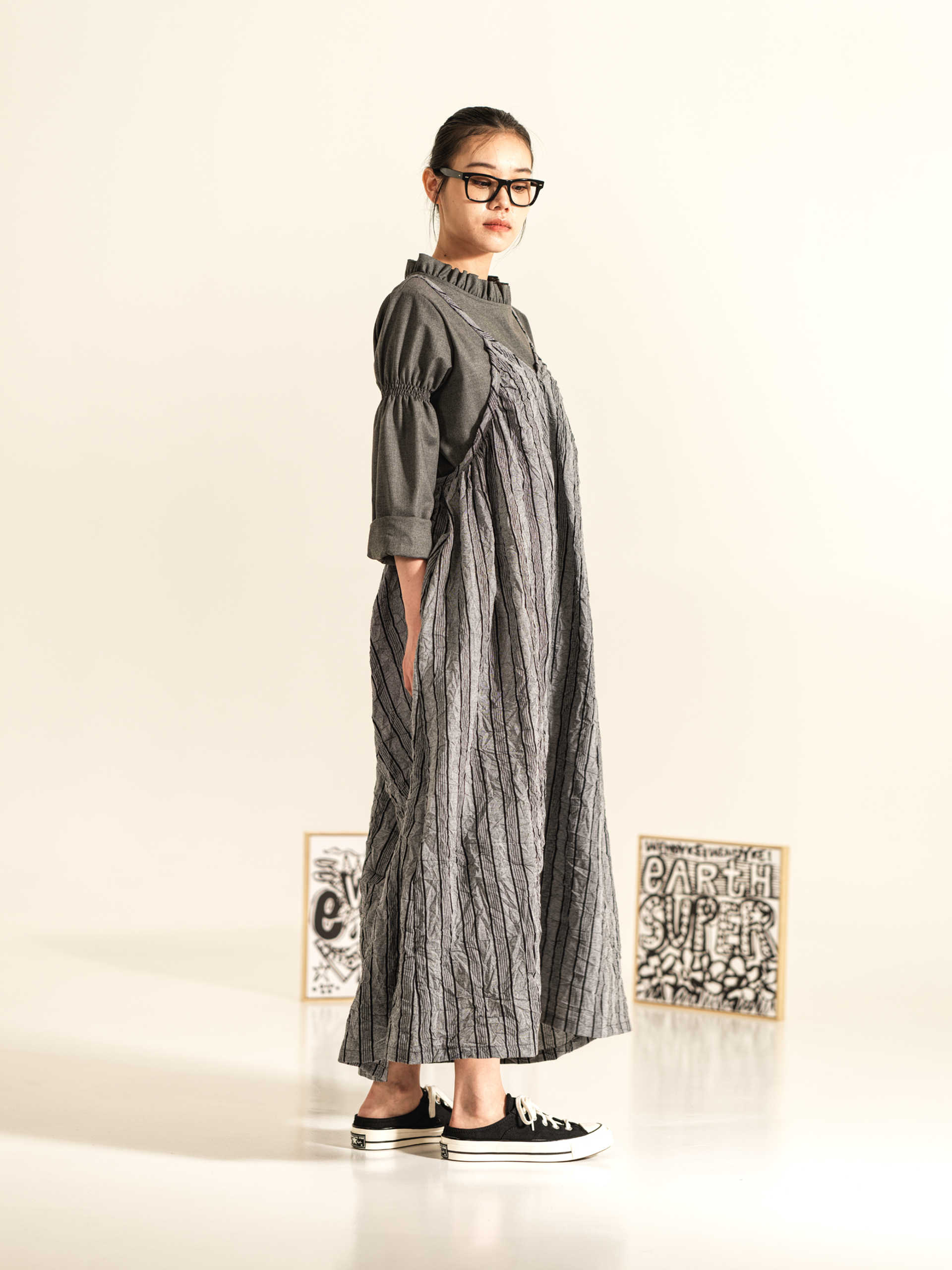 LONG STRIPED DRESS WITH WRINKLED EFFECT