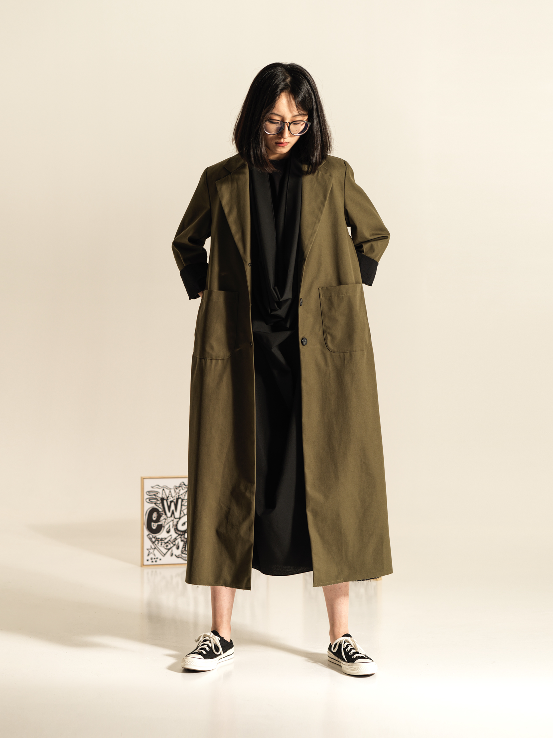 LONG COAT IN COTTON FABRIC WITH REVER COLLAR