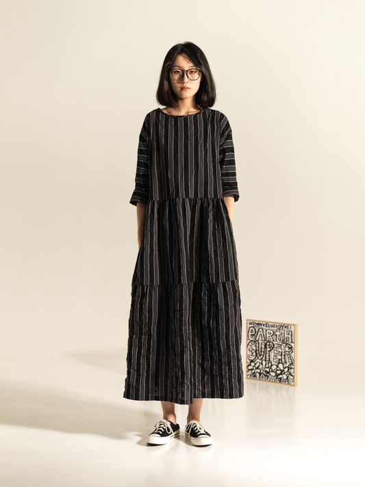 WRINKLED EFFECT STRIPED LONG DRESS