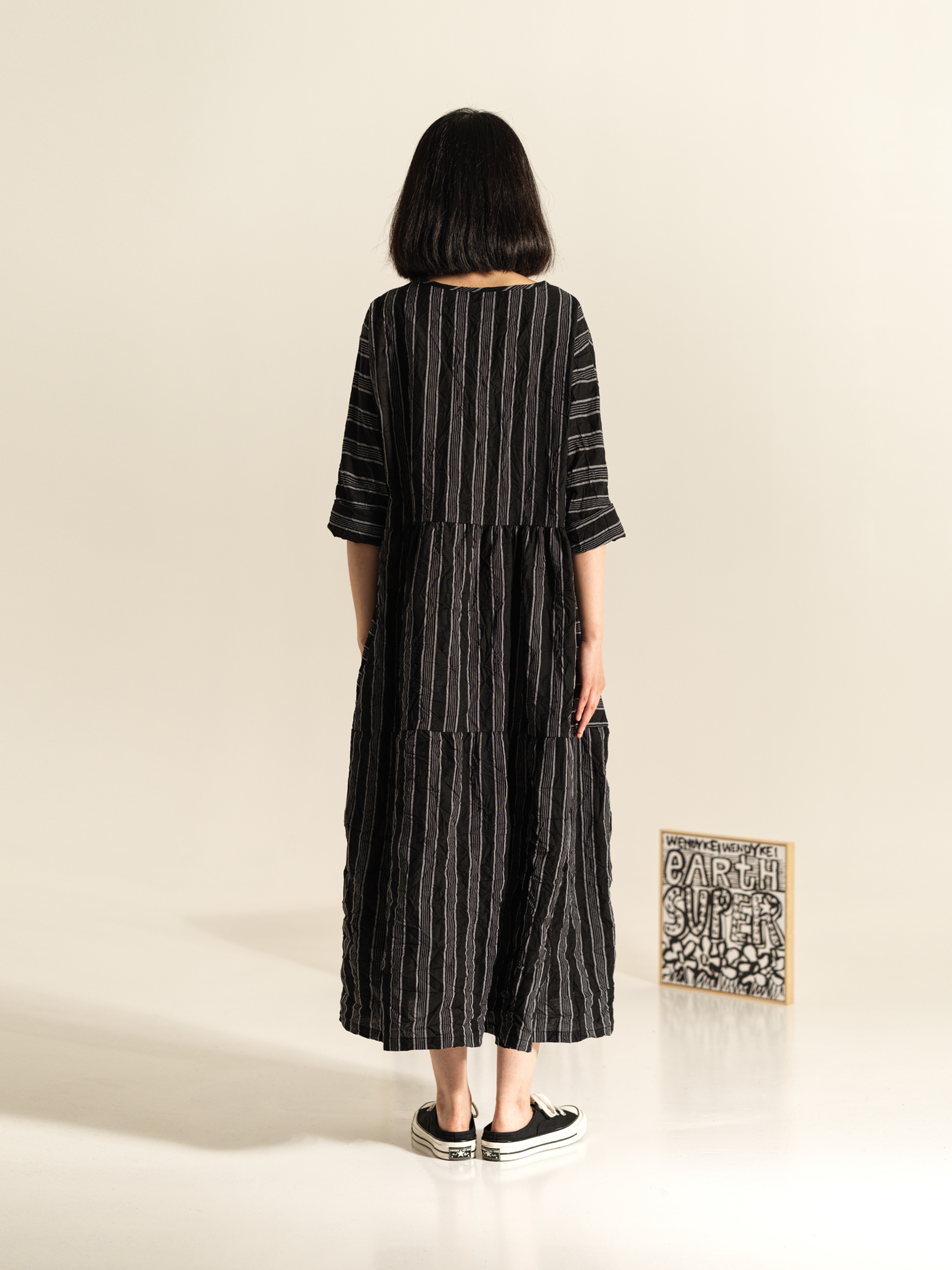 WRINKLED EFFECT STRIPED LONG DRESS