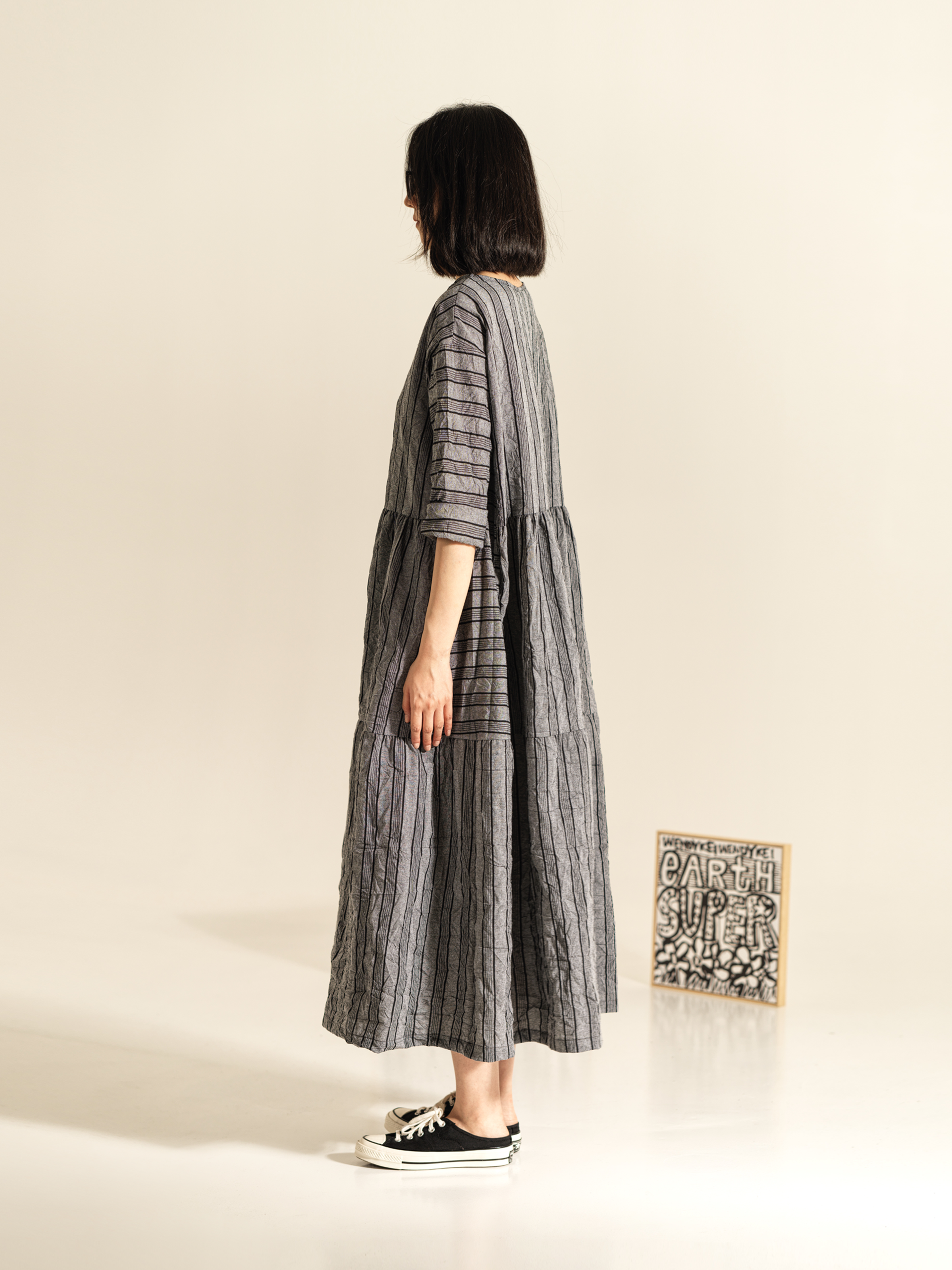 WRINKLED EFFECT STRIPED LONG DRESS