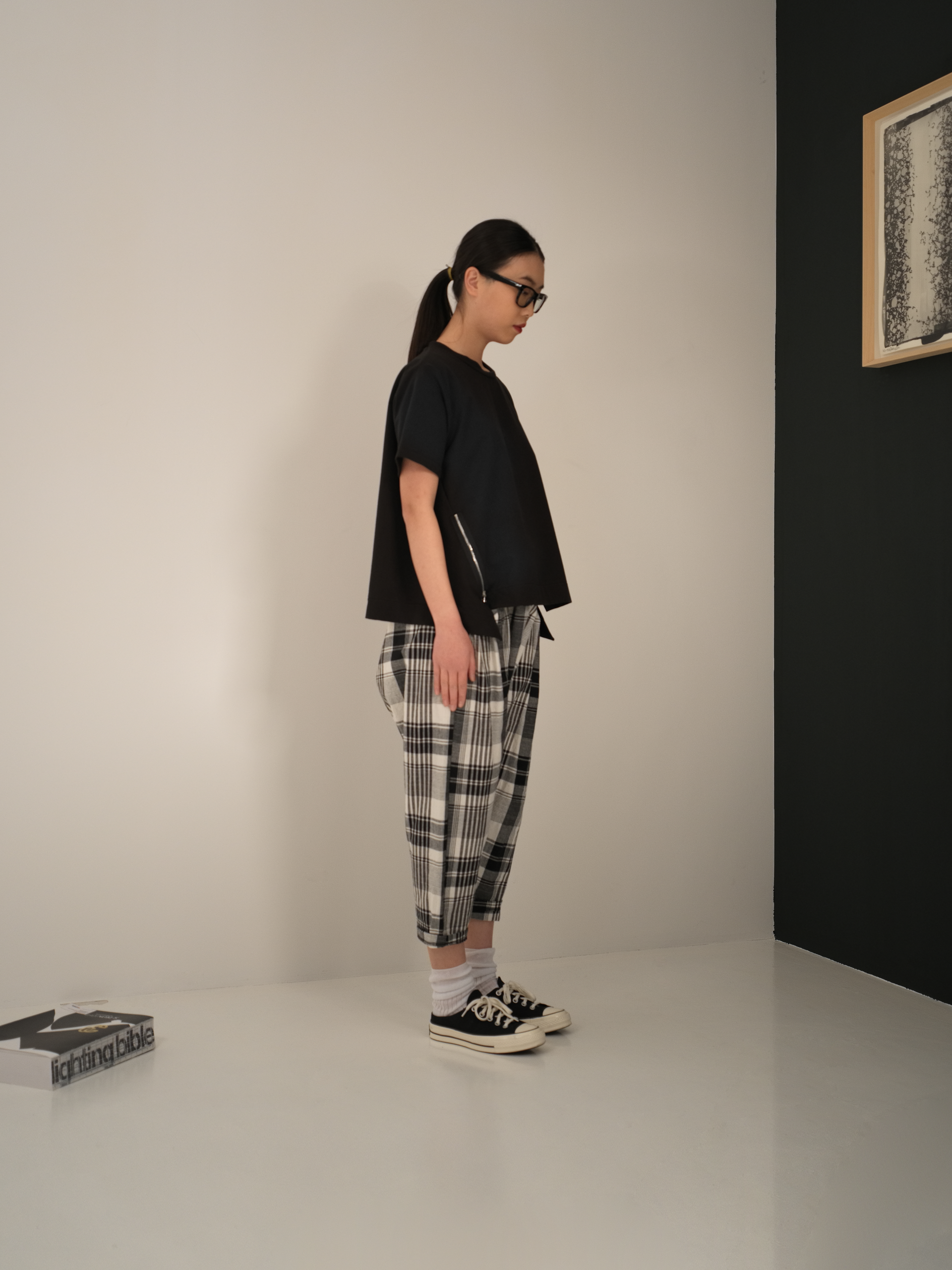 LOW CROTCH TROUSERS IN B/W TARTAN FABRIC