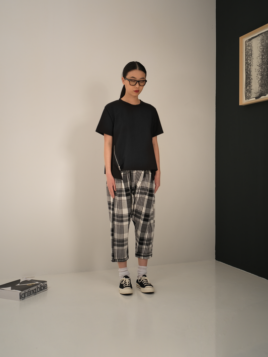 LOW CROTCH TROUSERS IN B/W TARTAN FABRIC