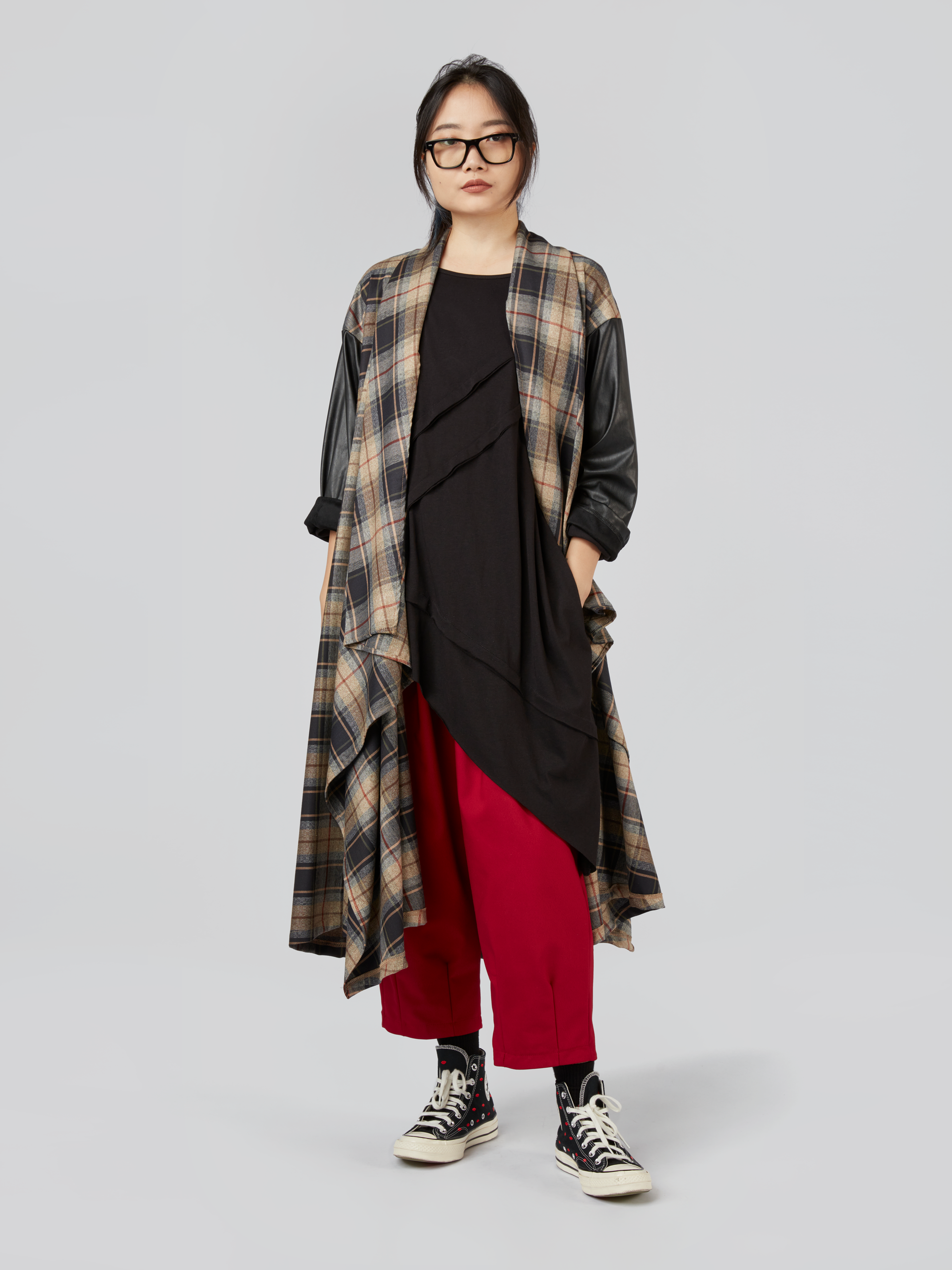 CARDIGAN TARTAN CON MANICHE IN ECOPELLE 