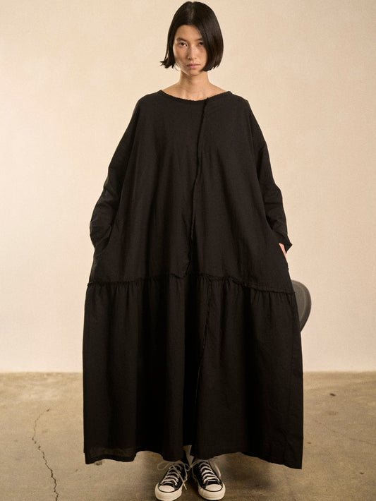 LONG POPLIN DRESS WITH RAW CUT SEAMS